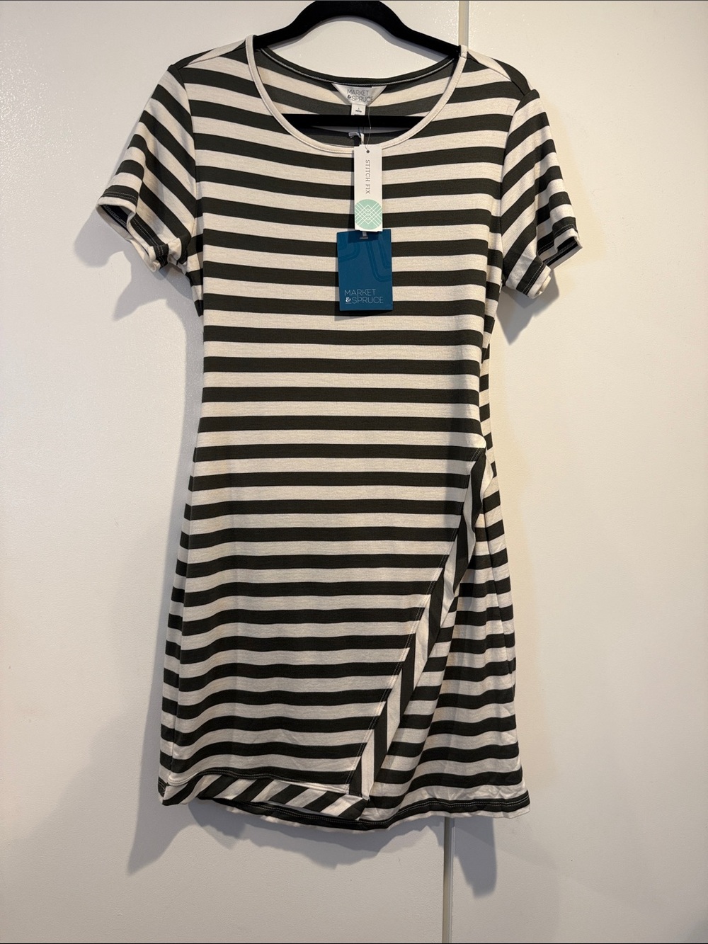 Market & Spruce Olive green and White Striped Short Sleeve Swing Dress